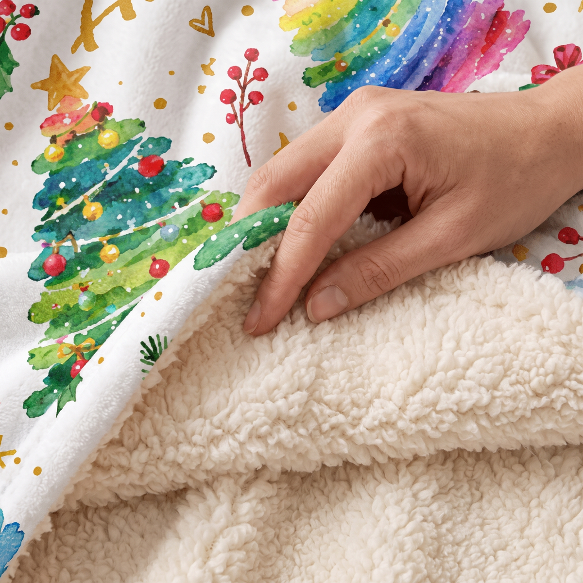 Custom name watercolor rainbow Christmas trees hooded blanket, view 5