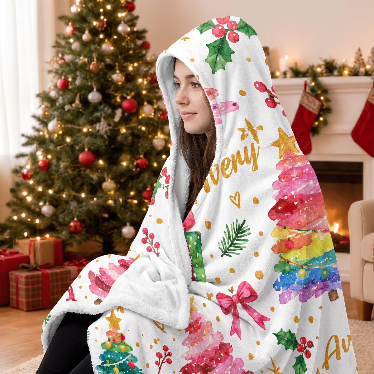 Custom name watercolor rainbow Christmas trees hooded blanket, view 6