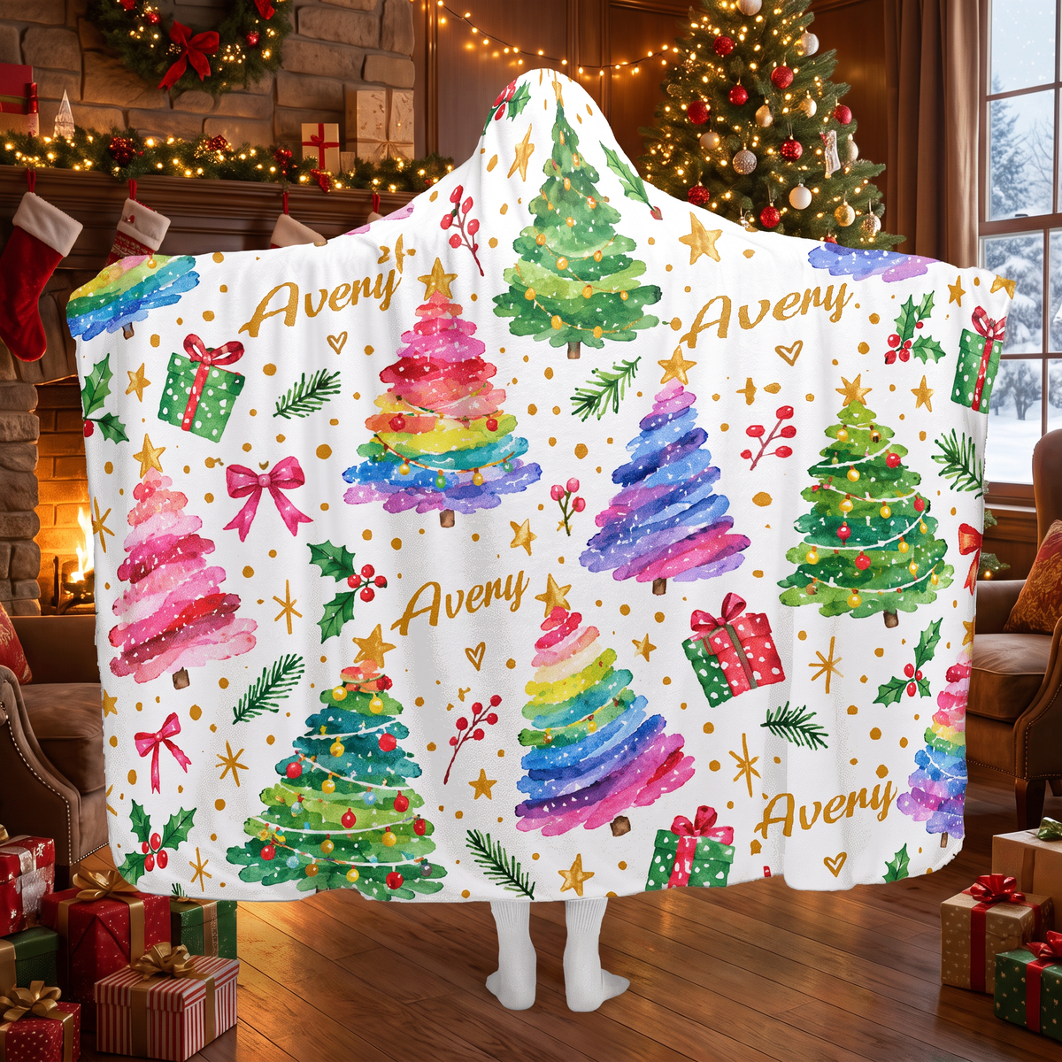 Custom name watercolor rainbow Christmas trees hooded blanket, view 8