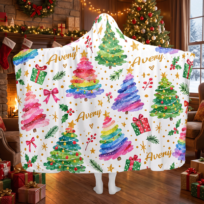 Custom name watercolor rainbow Christmas trees hooded blanket, view 8