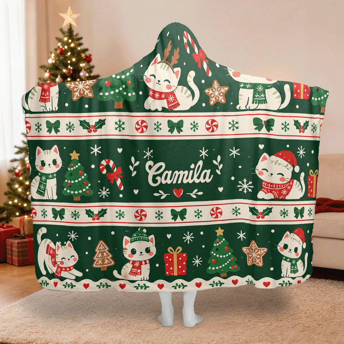 Personalized Christmas kitty Fair Isle stripes hooded blanket with custom name, back view