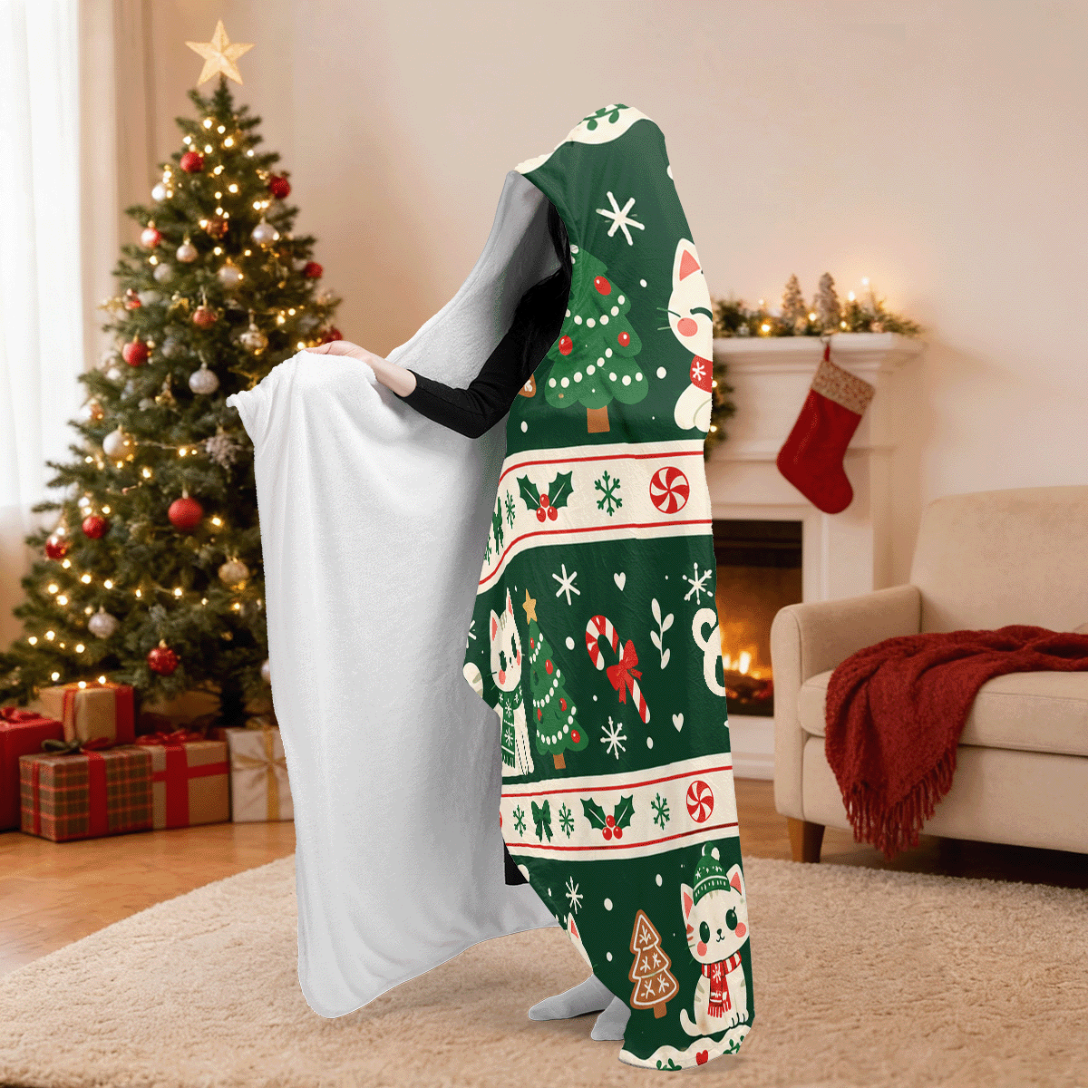 Personalized Christmas kitty Fair Isle stripes hooded blanket side view showing the sherpa lining