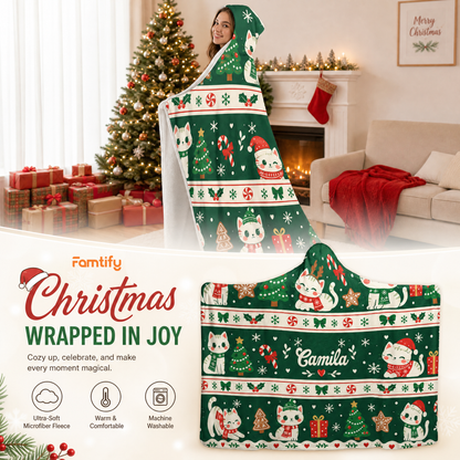 Custom name Christmas kitty Fair Isle stripes hooded blanket, view 3