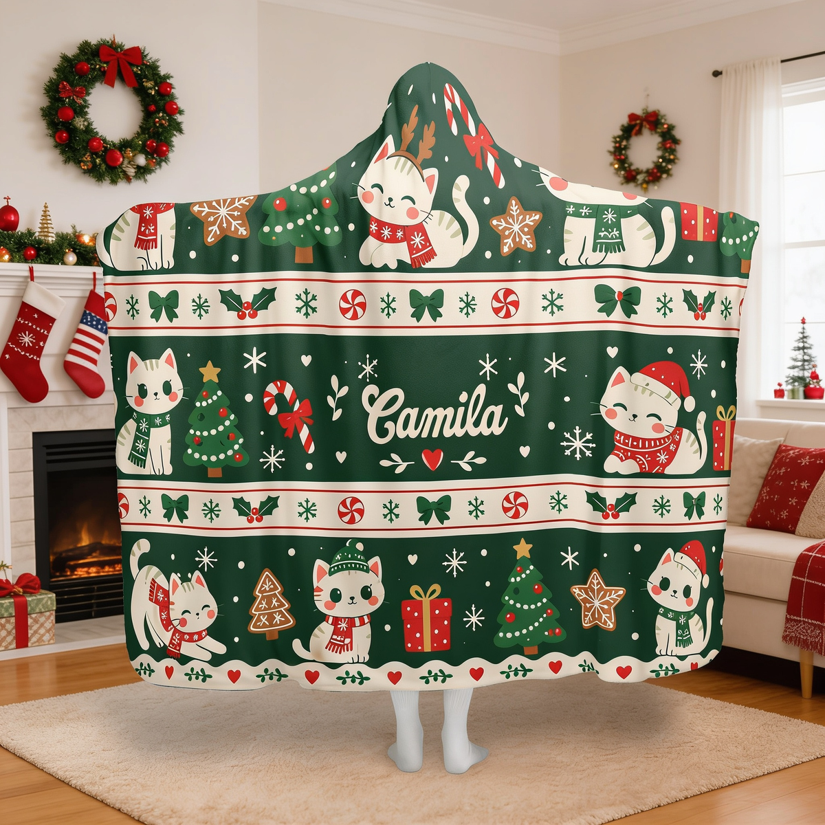 Custom name Christmas kitty Fair Isle stripes hooded blanket, view 4