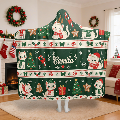 Custom name Christmas kitty Fair Isle stripes hooded blanket, view 4