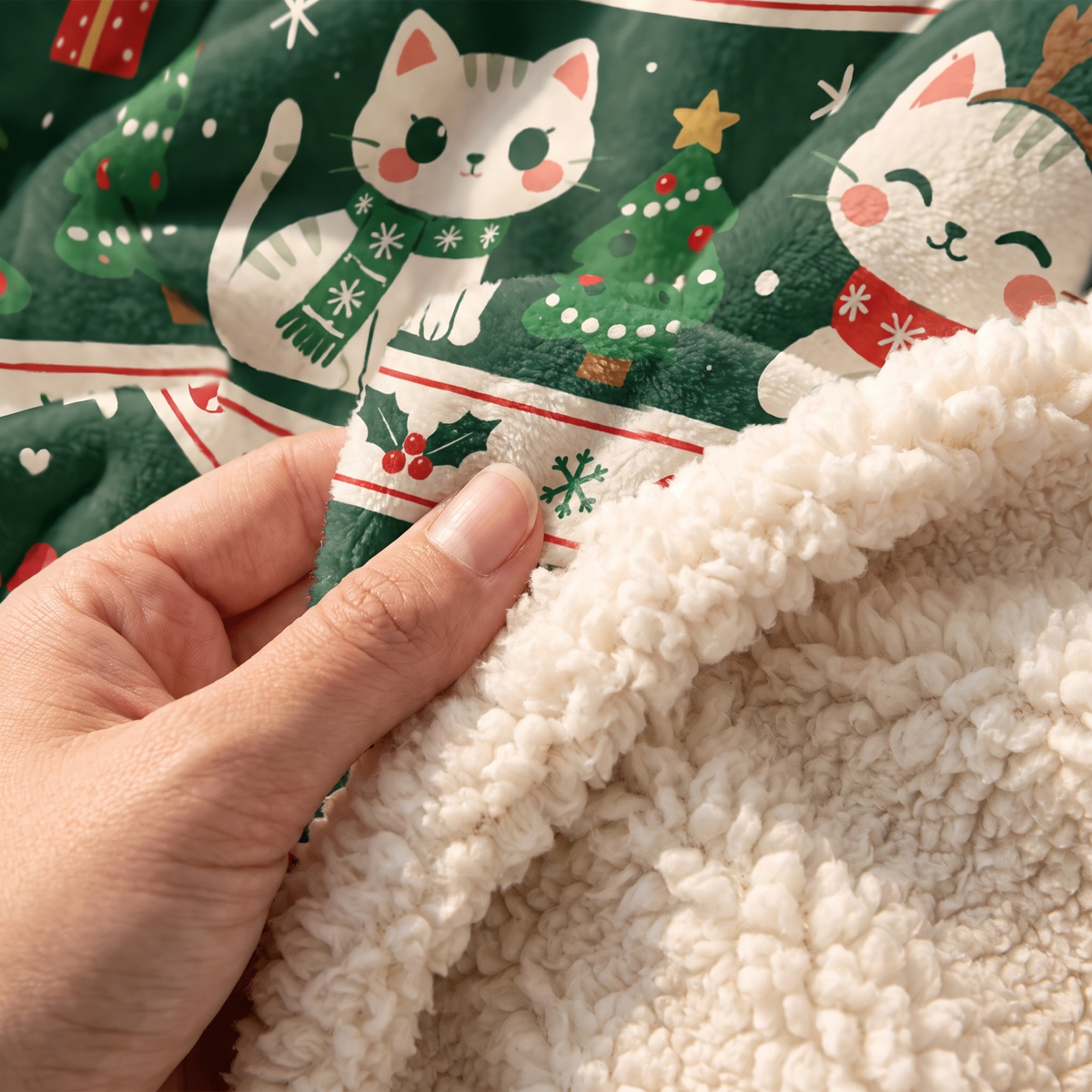 Custom name Christmas kitty Fair Isle stripes hooded blanket, view 5
