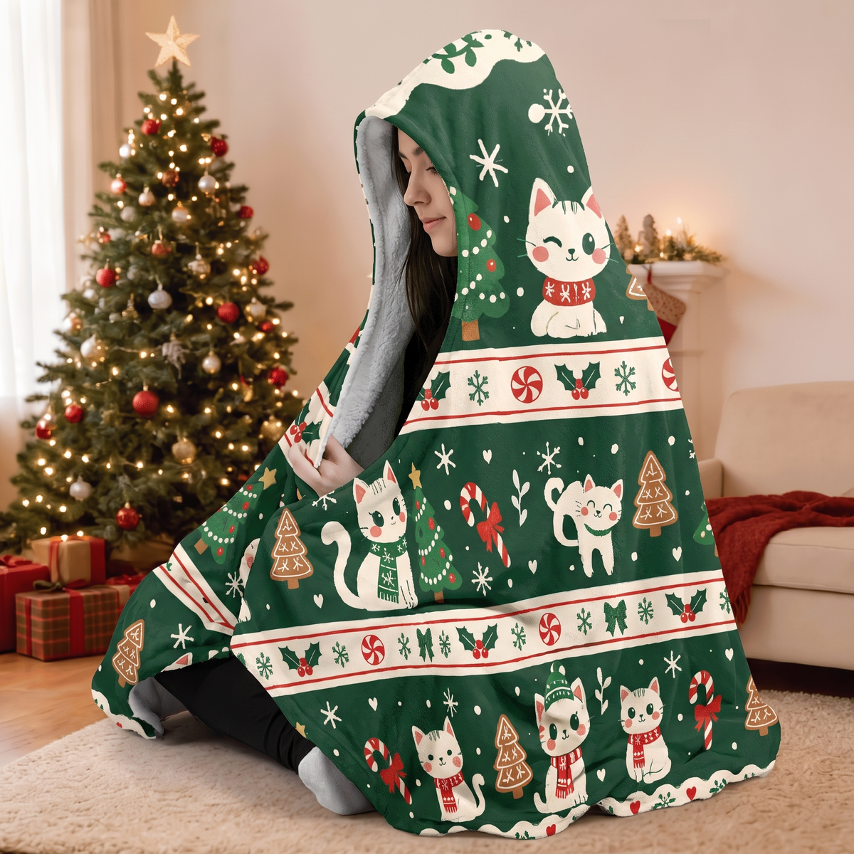 Custom name Christmas kitty Fair Isle stripes hooded blanket, view 6