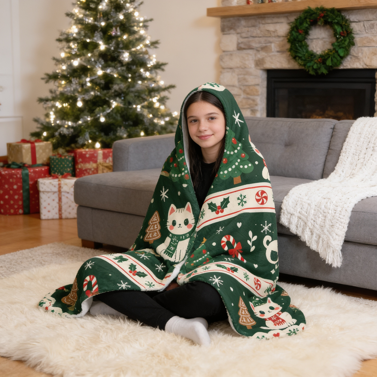 Custom name Christmas kitty Fair Isle stripes hooded blanket, view 7
