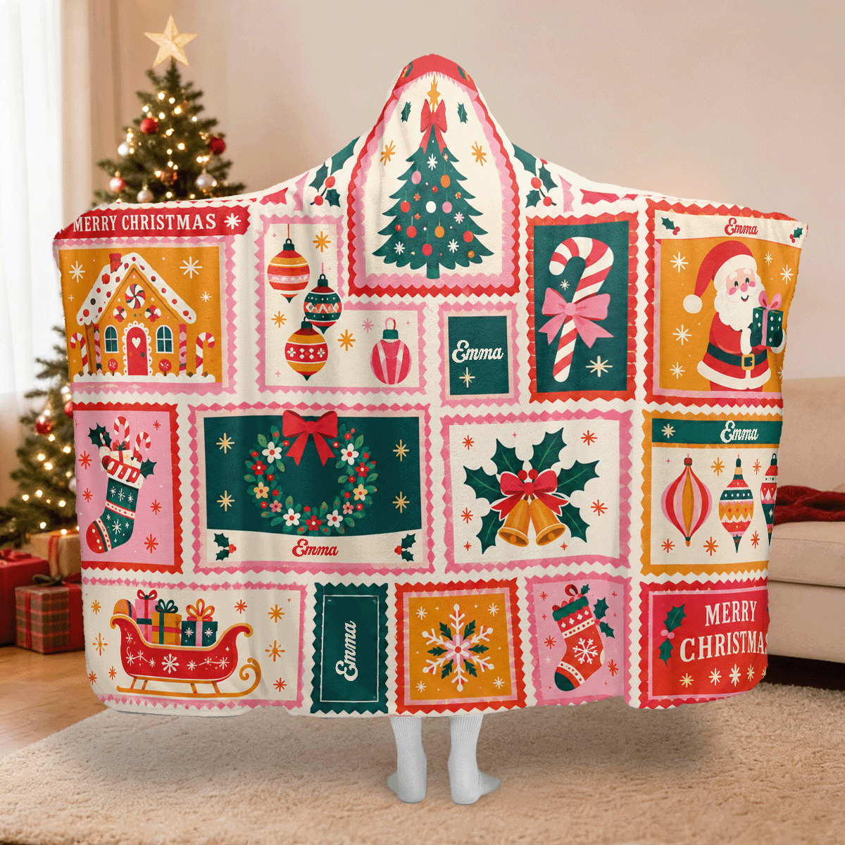 Personalized patchwork holiday quilt Christmas hooded blanket with custom name, back view