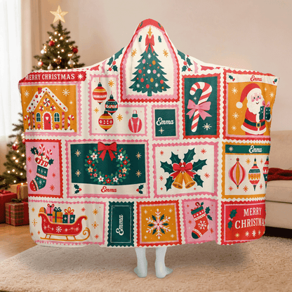 Personalized patchwork holiday quilt Christmas hooded blanket with custom name, back view