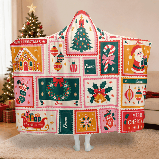Personalized patchwork holiday quilt Christmas hooded blanket with custom name, back view
