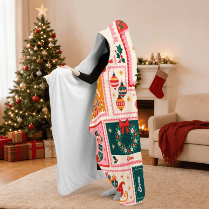 Personalized patchwork holiday quilt hooded blanket side view showing the sherpa lining
