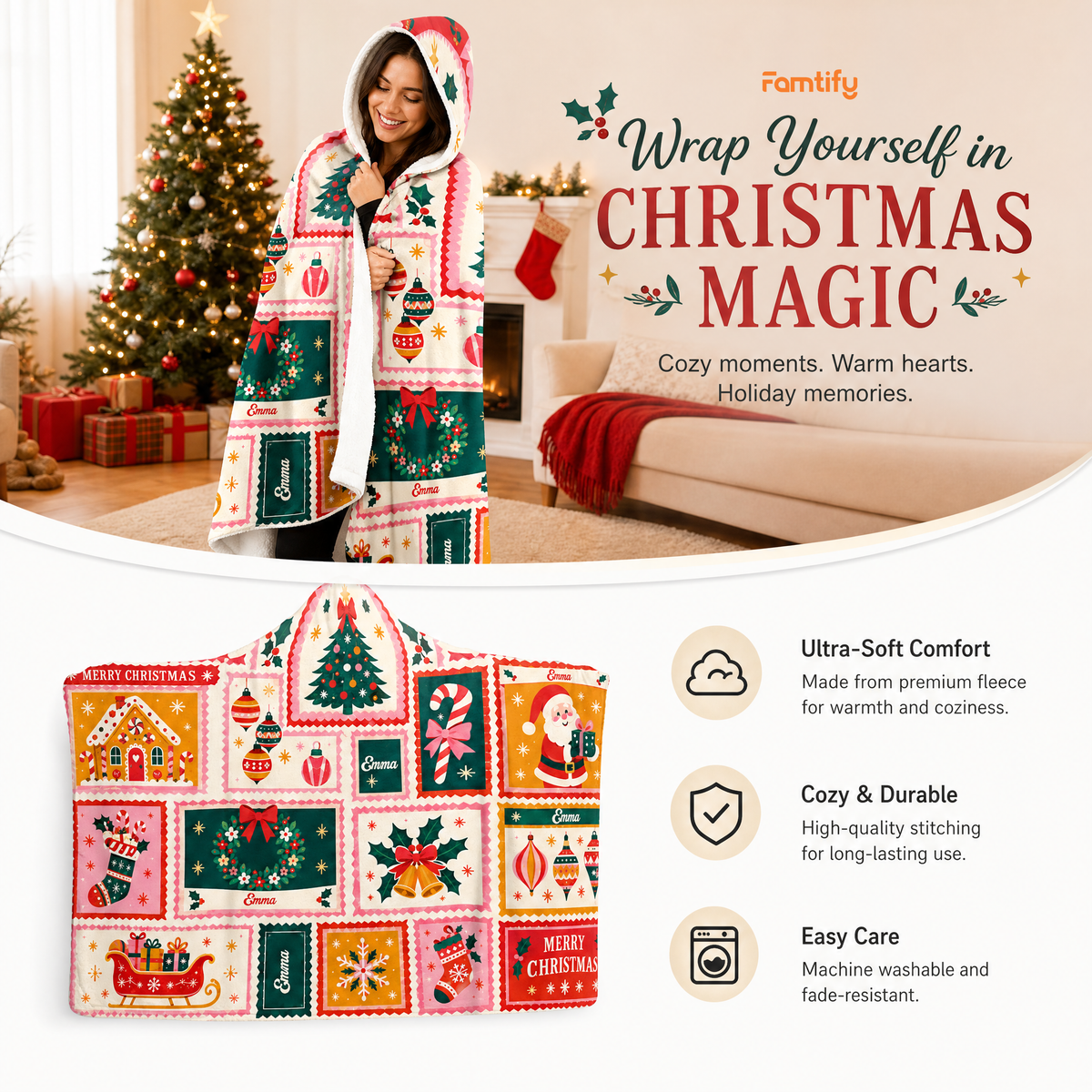 Custom name patchwork holiday quilt Christmas hooded blanket, view 3