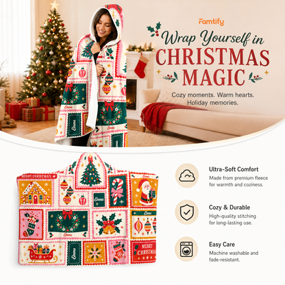 Custom name patchwork holiday quilt Christmas hooded blanket, view 3