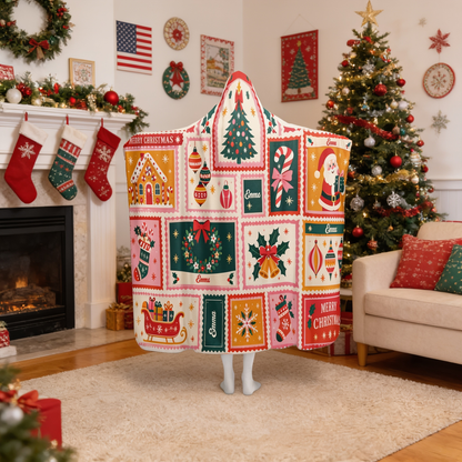 Custom name patchwork holiday quilt Christmas hooded blanket, view 4