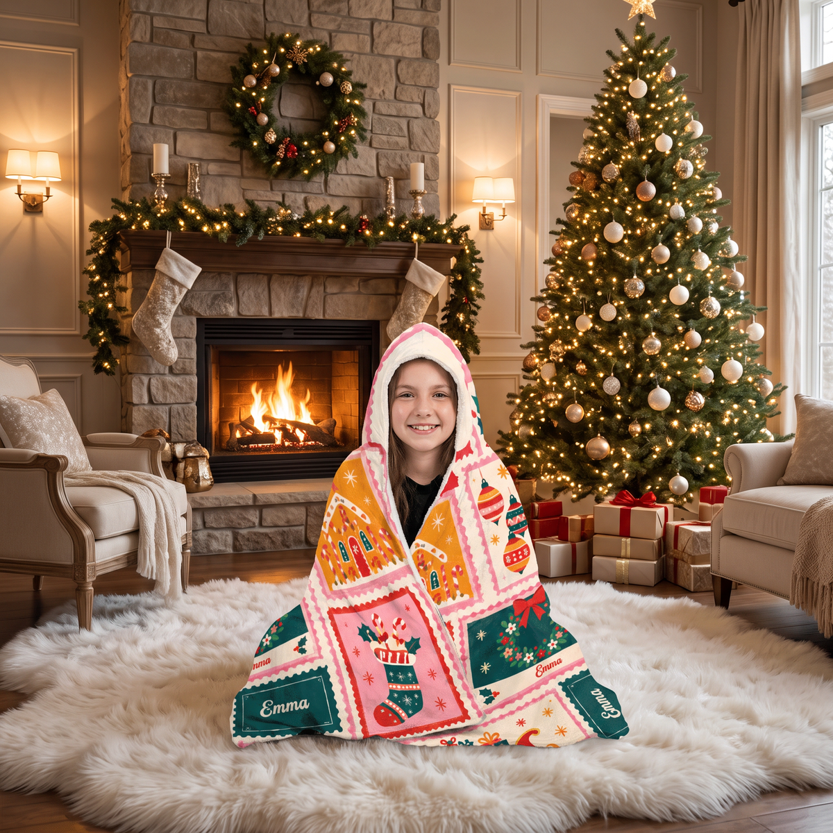 Custom name patchwork holiday quilt Christmas hooded blanket, view 6