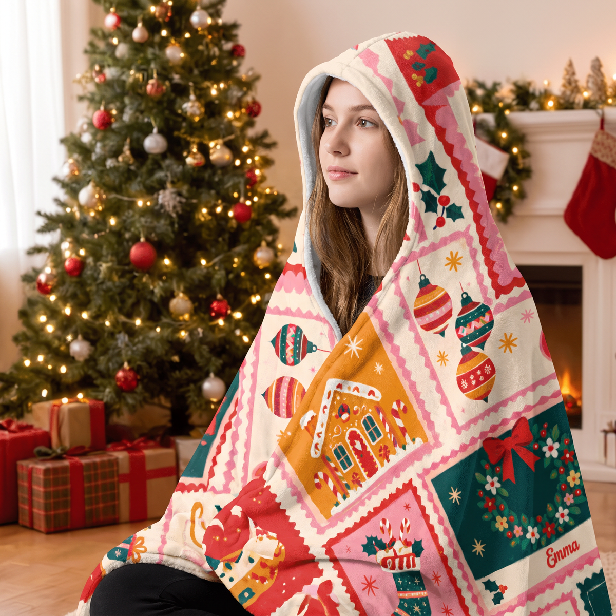 Custom name patchwork holiday quilt Christmas hooded blanket, view 7