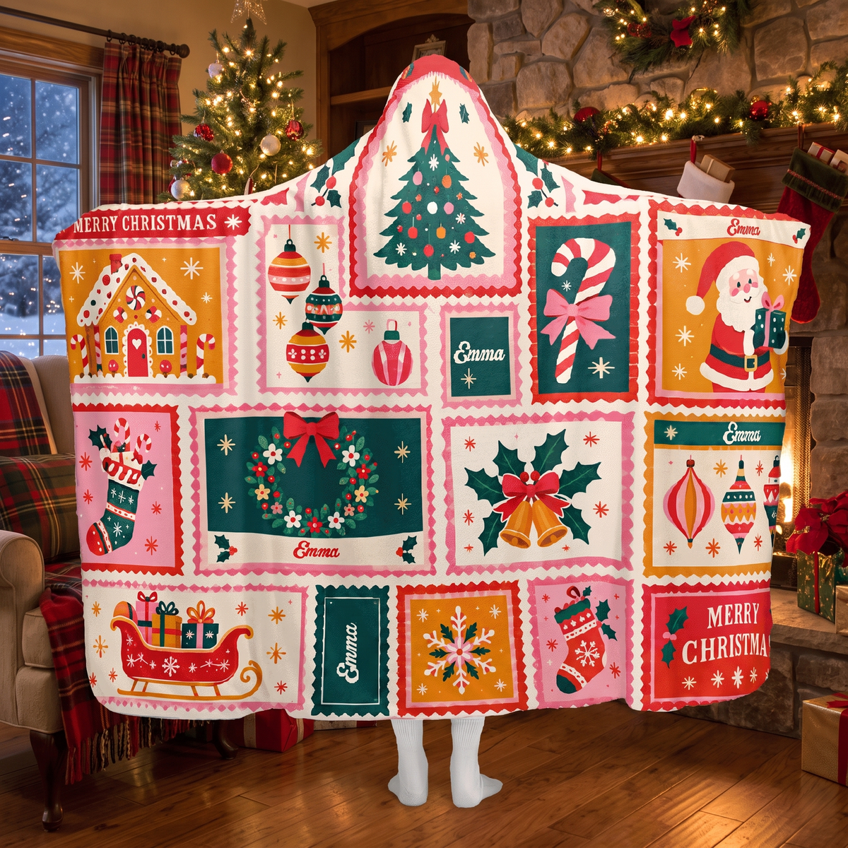 Custom name patchwork holiday quilt Christmas hooded blanket, view 8