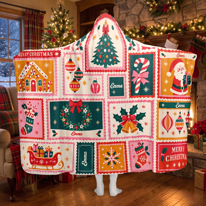 Custom name patchwork holiday quilt Christmas hooded blanket, view 8