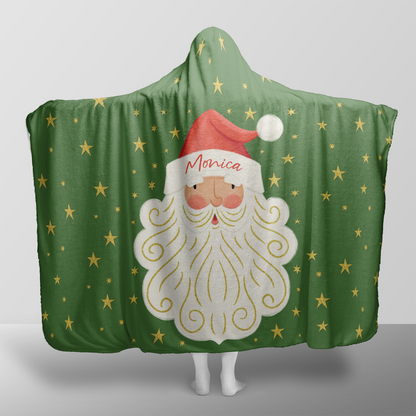 Personalized Santa Face Golden Stars Christmas hooded blanket with custom name, back view