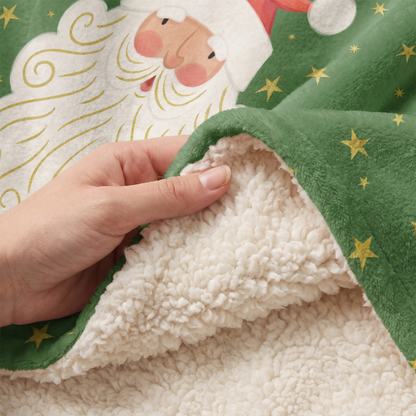 Close-up of the soft sherpa lining inside the Santa Face Golden Stars hooded blanket