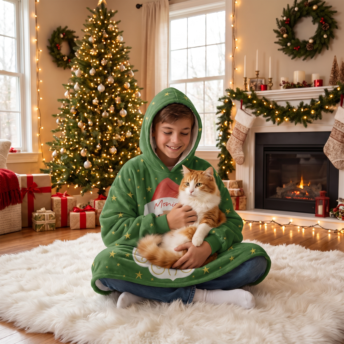 Child wrapped in the Santa Face Golden Stars hooded blanket holding a cat by the Christmas tree