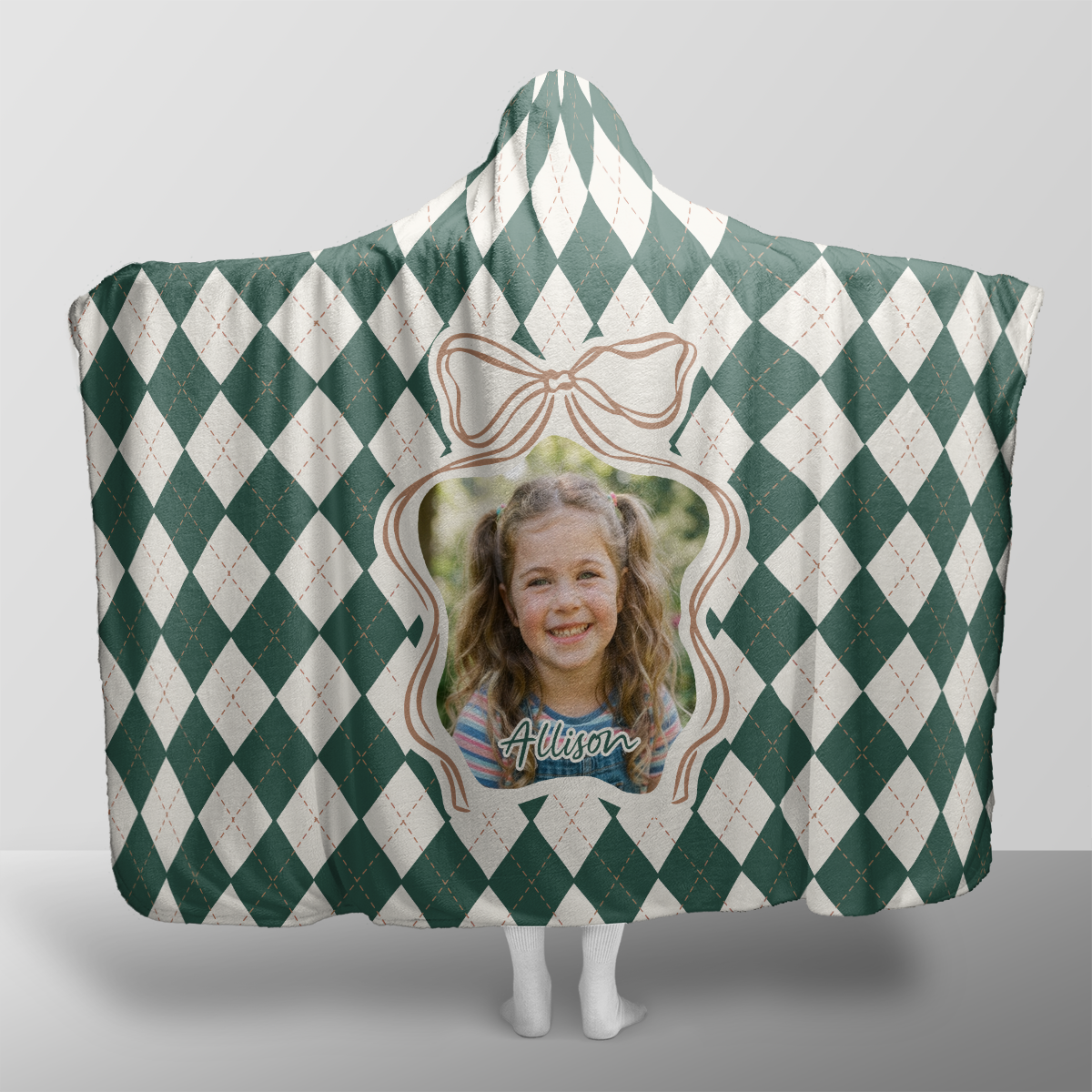 Personalized custom photo Argyle Bow Frame Christmas hooded blanket with custom name, back view