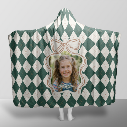 Personalized custom photo Argyle Bow Frame Christmas hooded blanket with custom name, back view