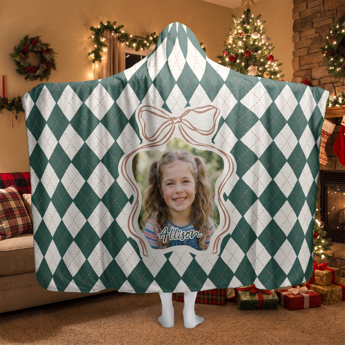 Custom photo Argyle Bow Frame hooded blanket worn in a cozy Christmas living room, back view