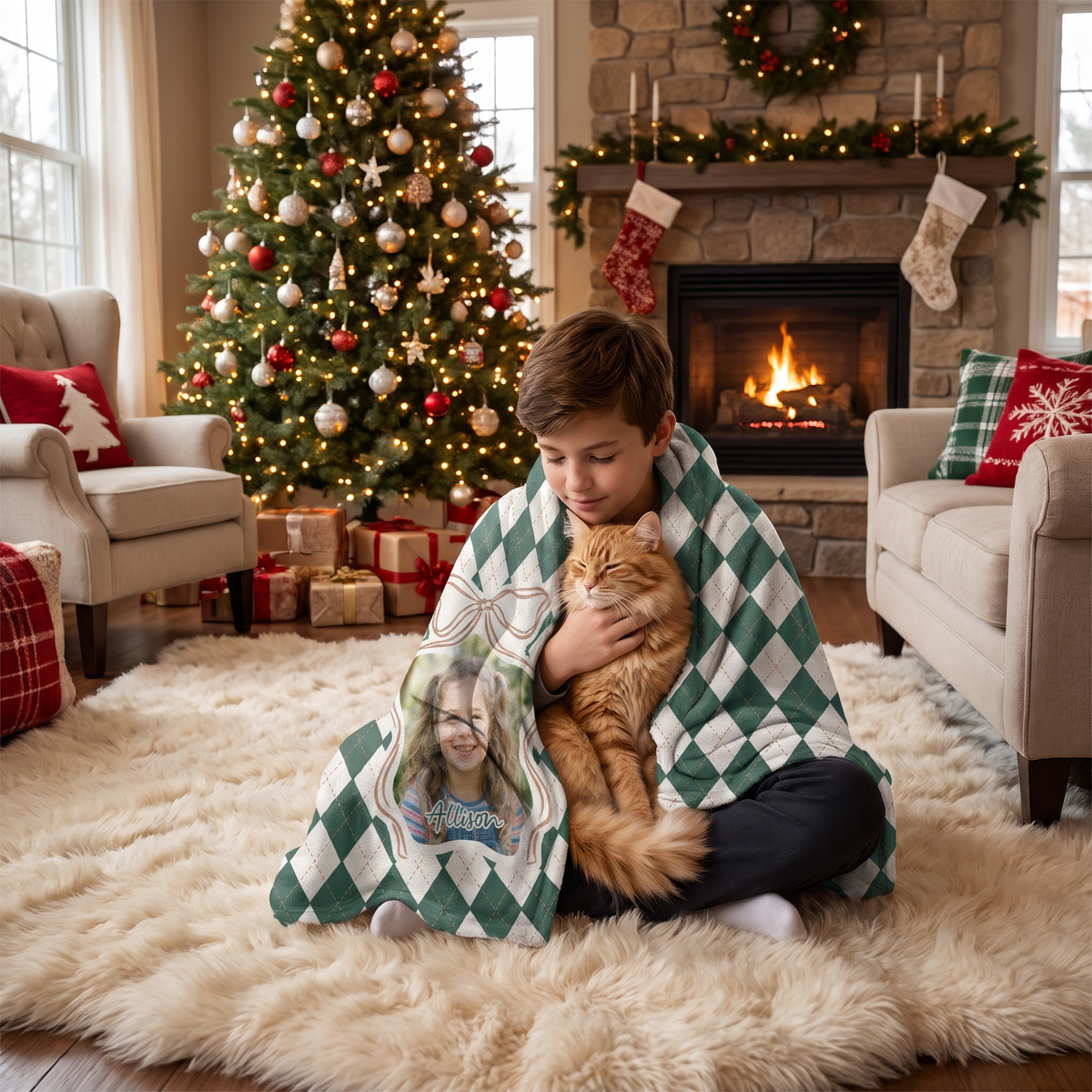 Child wrapped in the custom photo Argyle Bow Frame hooded blanket holding a cat by the Christmas tree