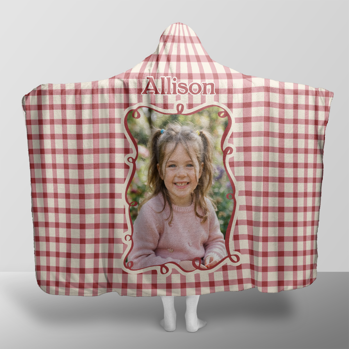 Personalized custom photo Red Gingham Frame Christmas hooded blanket with custom name, back view