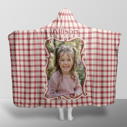 Personalized custom photo Red Gingham Frame Christmas hooded blanket with custom name, back view