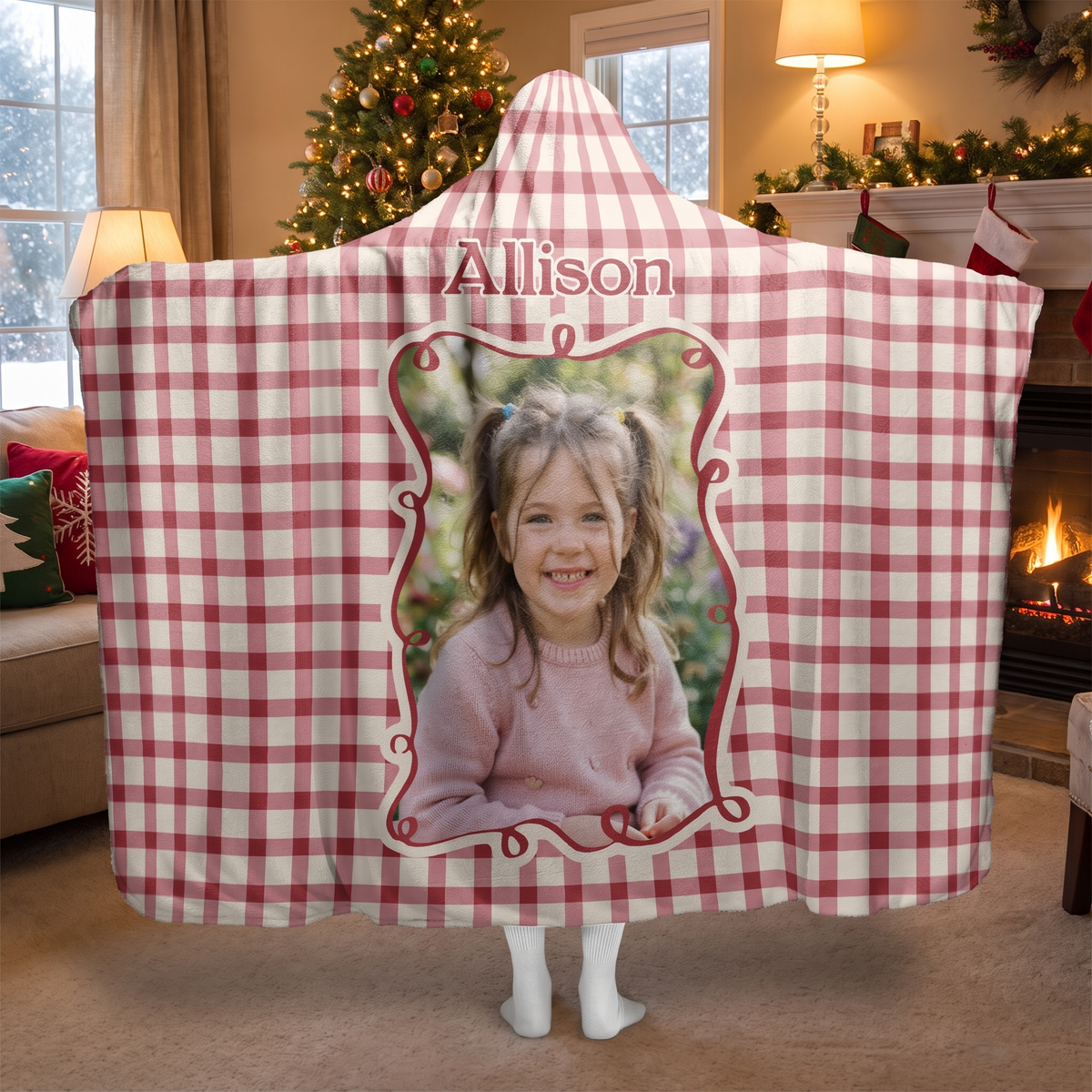 Custom photo Red Gingham Frame hooded blanket worn in a cozy Christmas living room, back view