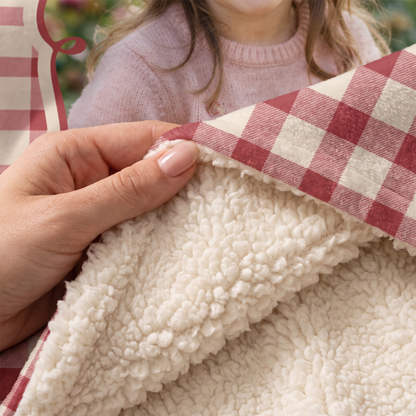 Close-up of the soft sherpa lining inside the custom photo Red Gingham Frame hooded blanket