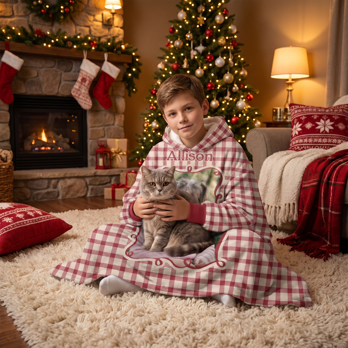 Child wrapped in the custom photo Red Gingham Frame hooded blanket holding a cat by the Christmas tree