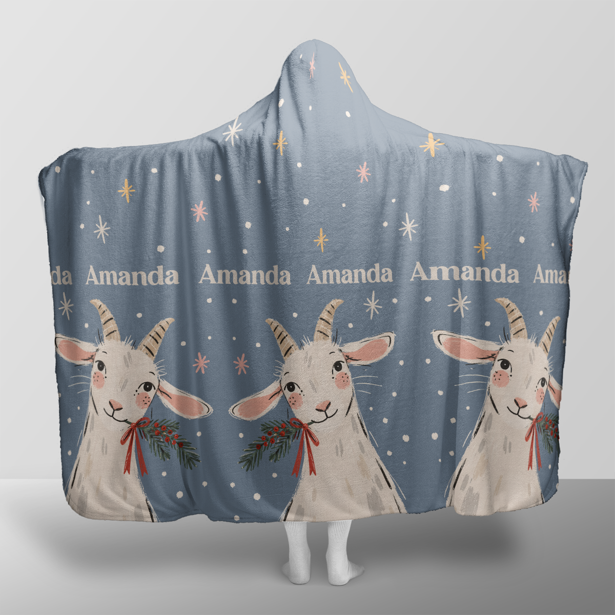 Personalized Christmas Goats Starry Night hooded blanket with custom name, back view