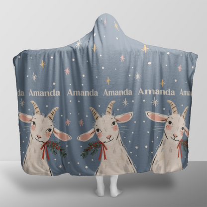 Personalized Christmas Goats Starry Night hooded blanket with custom name, back view