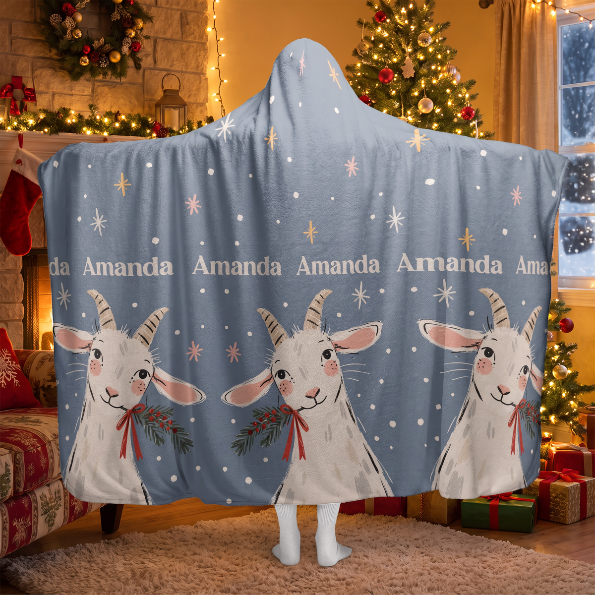 Christmas Goats Starry Night hooded blanket worn in a cozy Christmas living room, back view