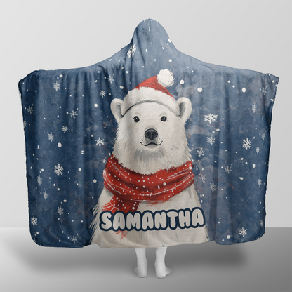 Personalized Polar Bear Santa Hat Snowfall Christmas hooded blanket with custom name, back view