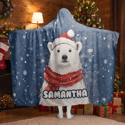 Polar Bear Santa Hat Snowfall hooded blanket worn in a cozy Christmas living room, back view