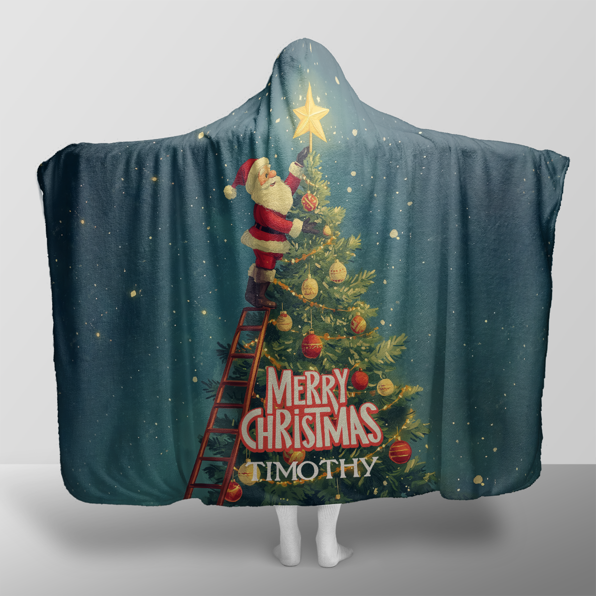 Personalized Santa Ladder Christmas Tree Star hooded blanket with custom name, back view