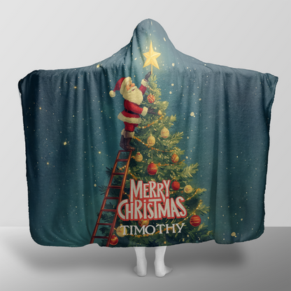 Personalized Santa Ladder Christmas Tree Star hooded blanket with custom name, back view