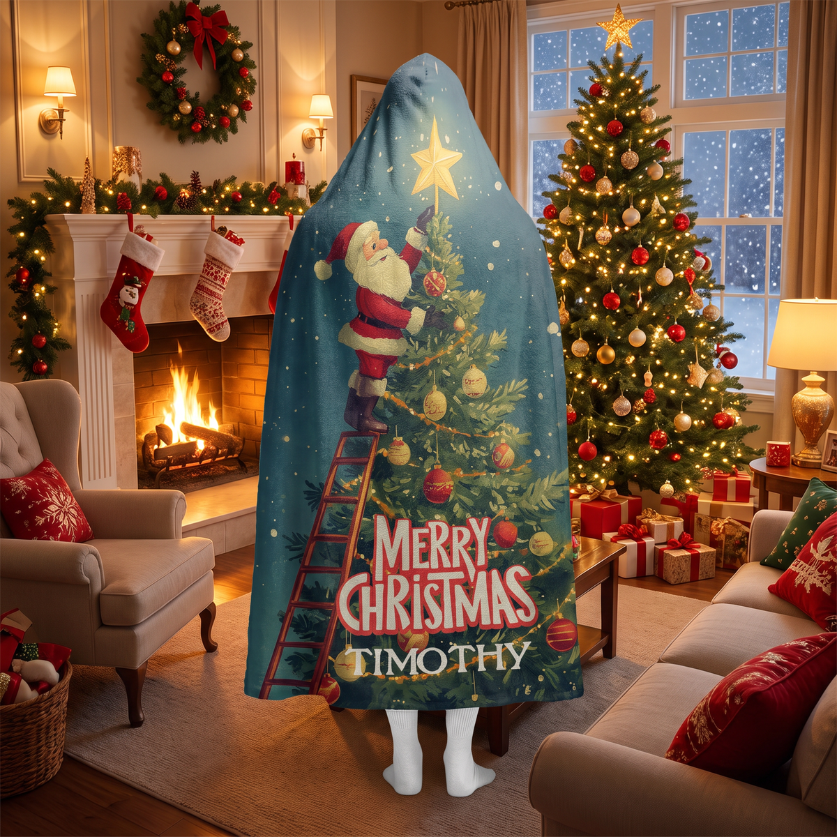 Santa Ladder Christmas Tree Star hooded blanket worn in a cozy Christmas living room, back view