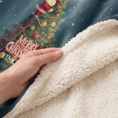 Close-up of the soft sherpa lining inside the Santa Ladder Christmas Tree Star hooded blanket