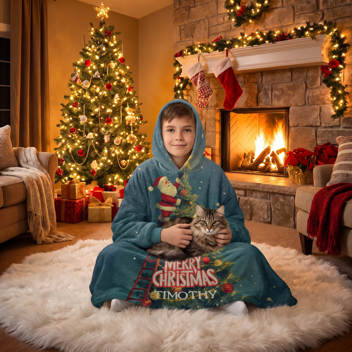 Child wrapped in the Santa Ladder Christmas Tree Star hooded blanket holding a cat by the Christmas tree