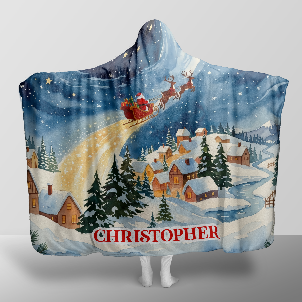 Personalized Santa Sleigh Snowy Village Christmas hooded blanket with custom name, back view