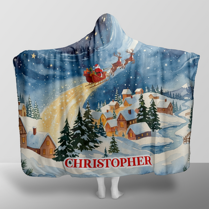 Personalized Santa Sleigh Snowy Village Christmas hooded blanket with custom name, back view