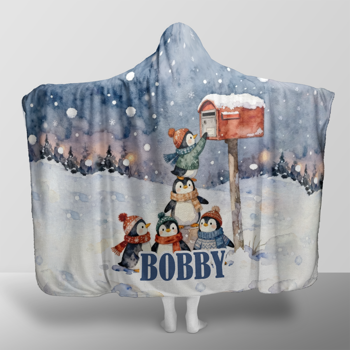 Personalized Penguins Snowy Mailbox Christmas hooded blanket with custom name, back view
