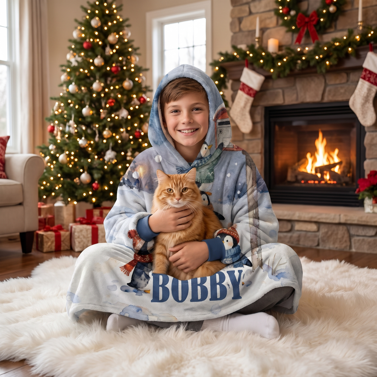 Child wrapped in the Penguins Snowy Mailbox hooded blanket holding a cat by the Christmas tree
