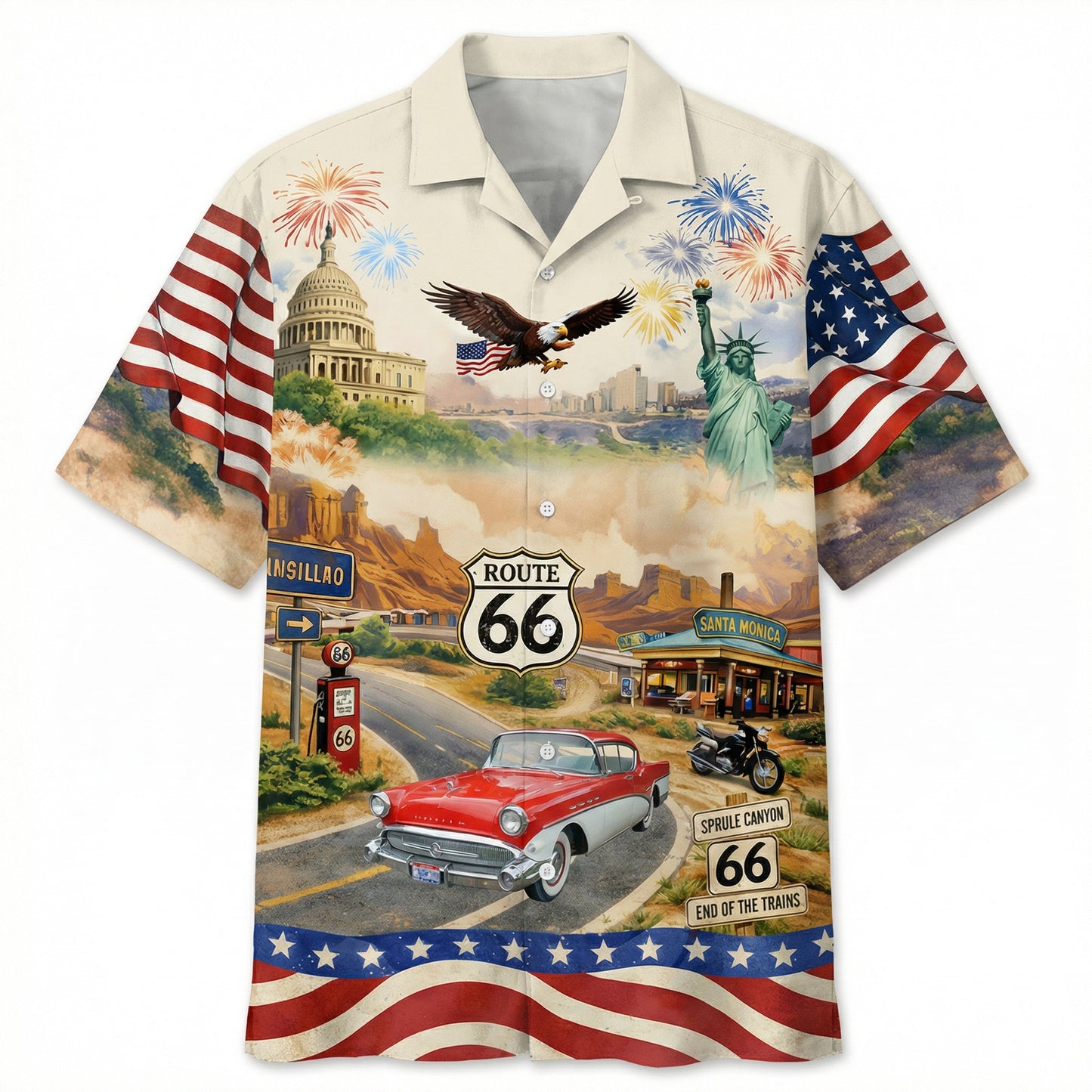 Celebrate 100 Years of Road Route 66 and America 250th Anniversary Custom Car Photo Hawaiian Shirt
